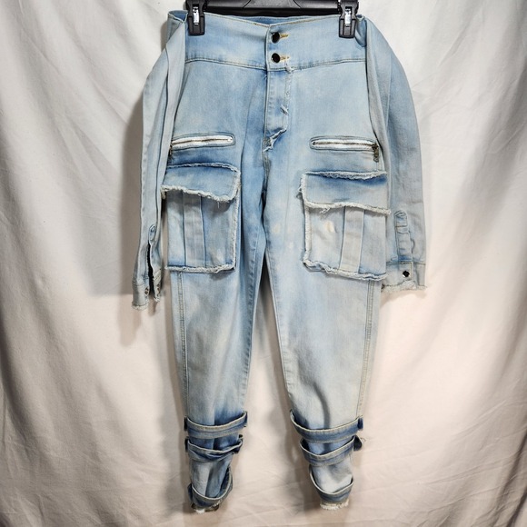 My Boo Denim - My Boo Brand Distressed High-Waisted Jeans with Tie Belt Size Small Cargo Pocket